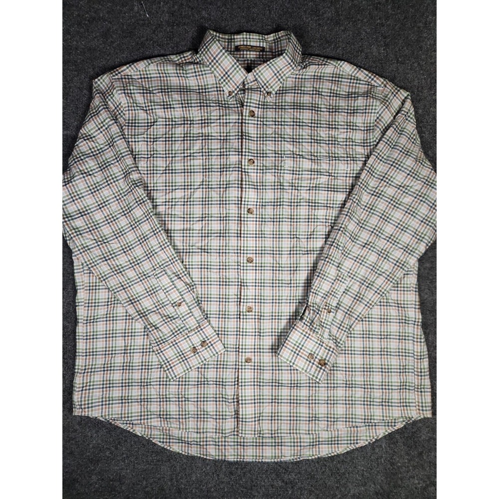 Cabelas Shirt Mens 2XL Wrinkle Free Long Sleeve Plaid Green Brown Cotton Button